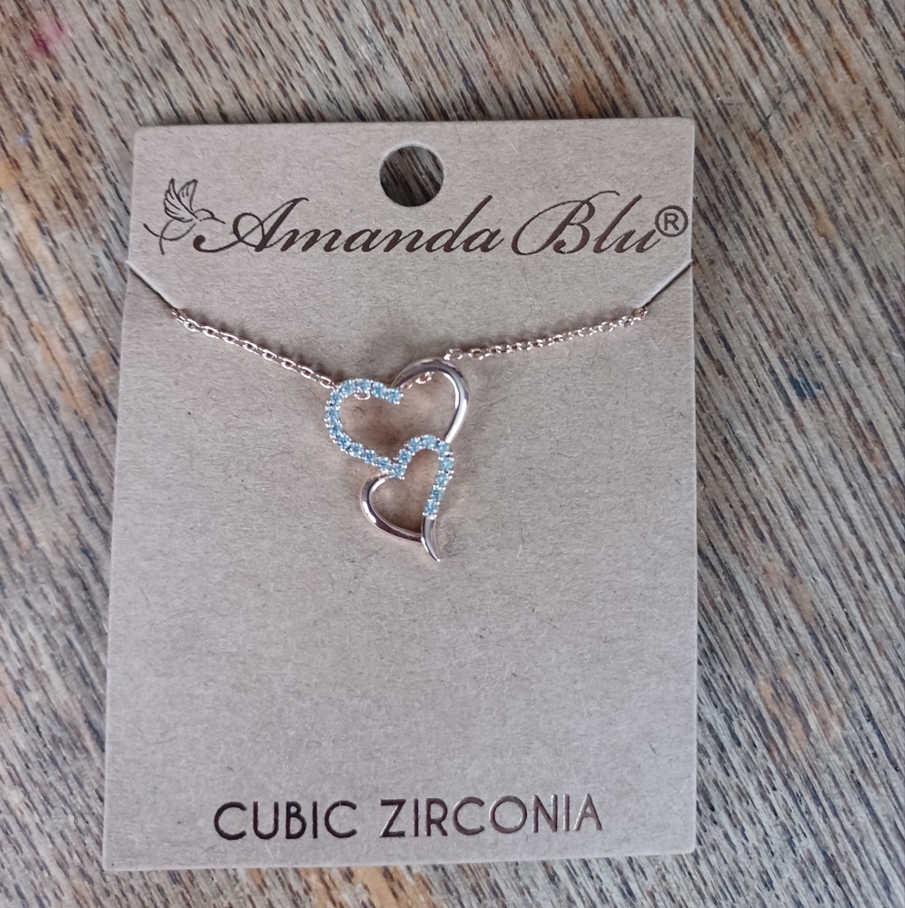 NWT AMANDA BLU rosegold double heart rhinestone necklace - Picture 2 of 3